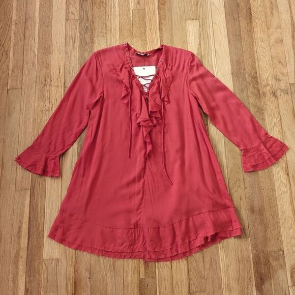 IRO Florine Lace Up Ruffle Dress in Poppy Red - Picture 2 of 5